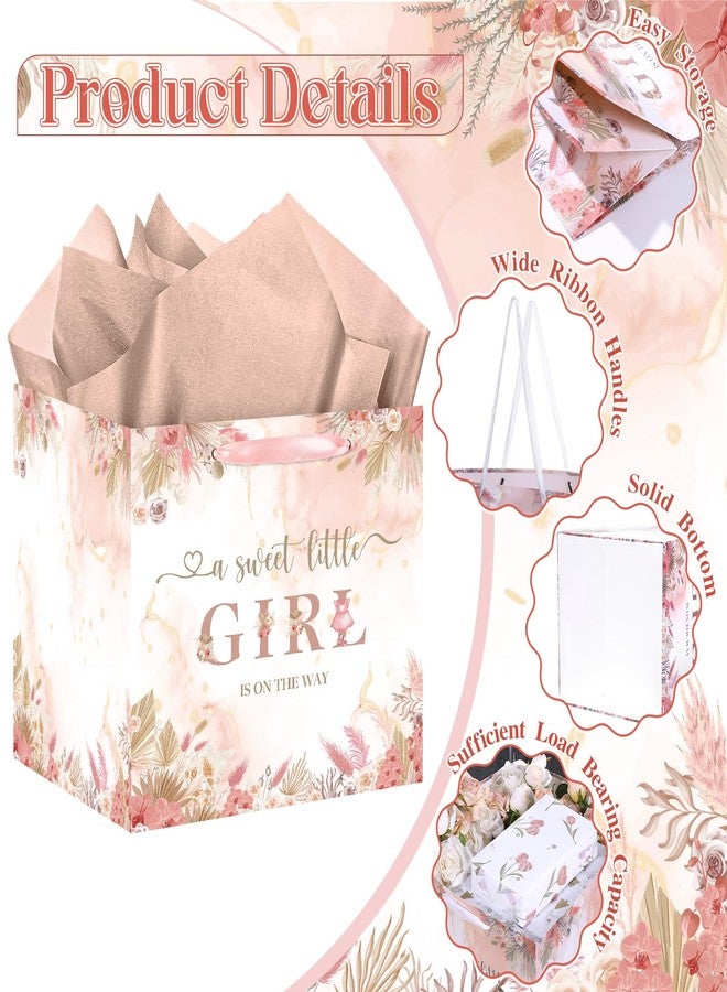 Woosytoo Large Boho Baby Girl Gift Bag, Baby Shower Square Gift Bag Pink Floral Jumbo Gifts Bag with Tissue Paper A Sweet Little Girl is on The Way Wrapping Paper Bag for Baby Shower Gender Reveal Party Favors - Image 3